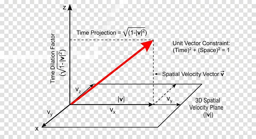Figure 4: The 4D Vector in 3D Space. Even with motion in three spatial dimensions (vx, vy, vz), the time dilation factor is still just the projection of the unit vector onto the single temporal axis.