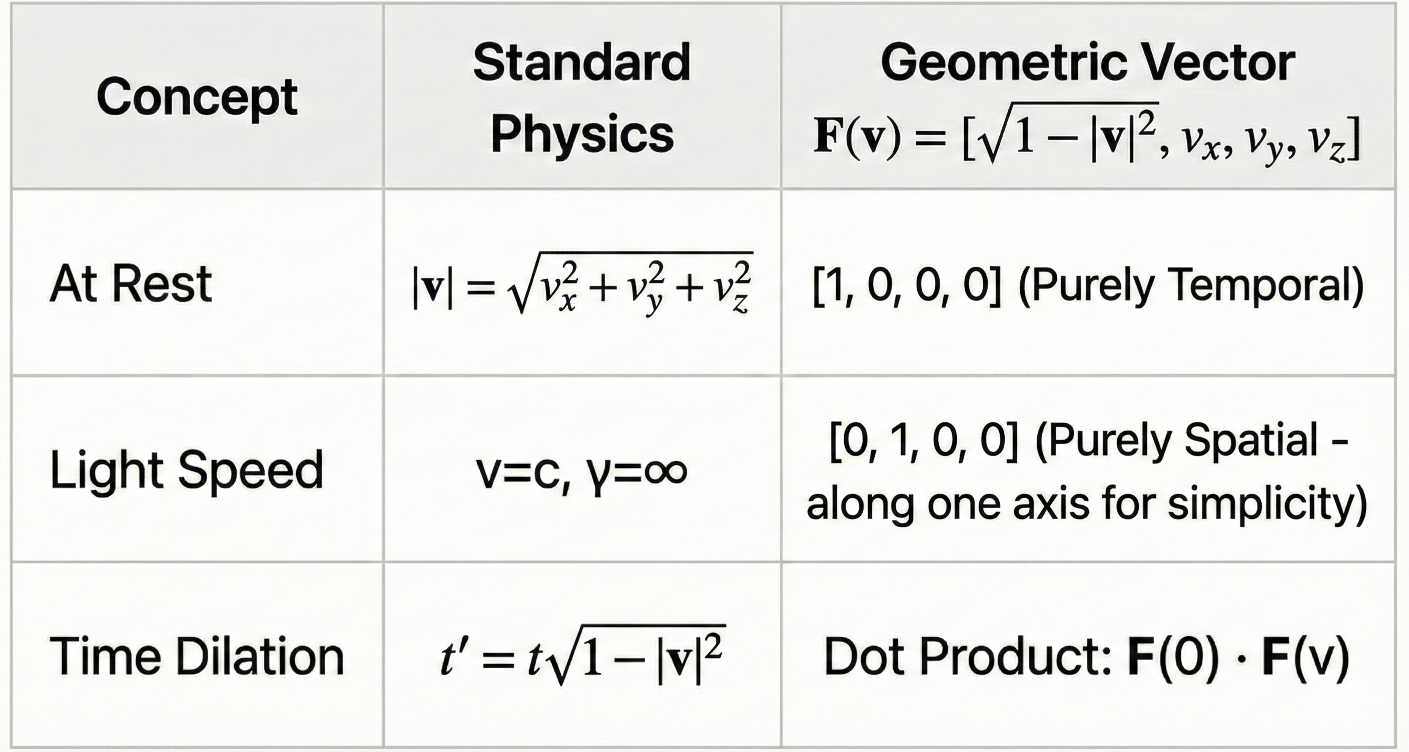 Table 1: A Comparison of Standard Physics and the Geometric Vector Perspective. This table highlights how the abstract concepts of relativity can be re-contextualized as simple geometric relationships.