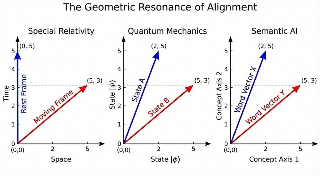 Figure 5: The Geometric Resonance of Alignment. Three different domains—Special Relativity, Quantum Mechanics, and Semantic AI—all use the inner product of vectors to measure the fundamental relationship between states.